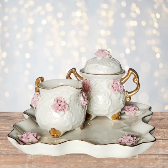 Vintage Handmade Porcelain Tea Set Pink Roses and 10K Gold Trim - Picture 10 of 16